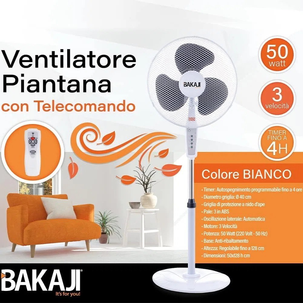 BAKAJI Ventilatore a Piantana con Telecomando, Potenza 50W 3 Velocità, Pale da 40 cm, Altezza ed Inclinazione Regolabile Fino a 130 cm, Funzione Timer, Base Rotonda, Oscillazione Orizzontale (Bianco)