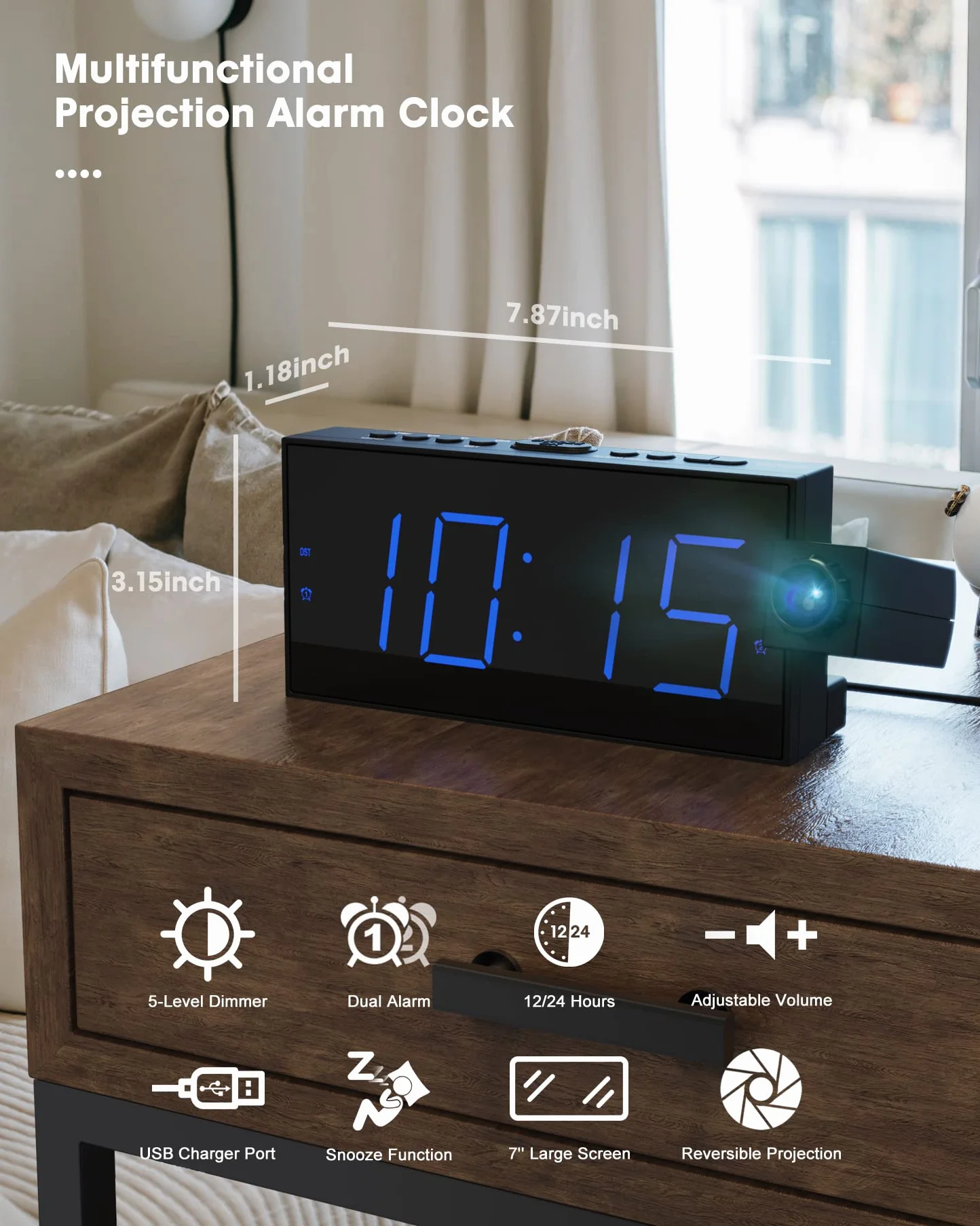 ROCAM Sveglia con Proiettore da Comodino, 7" Display LED &Dimmer, Porta USB, 12/24 Ore, Batteria Backup, Sveglia Digitale per Camera da Letto | Orologi a Proiezione