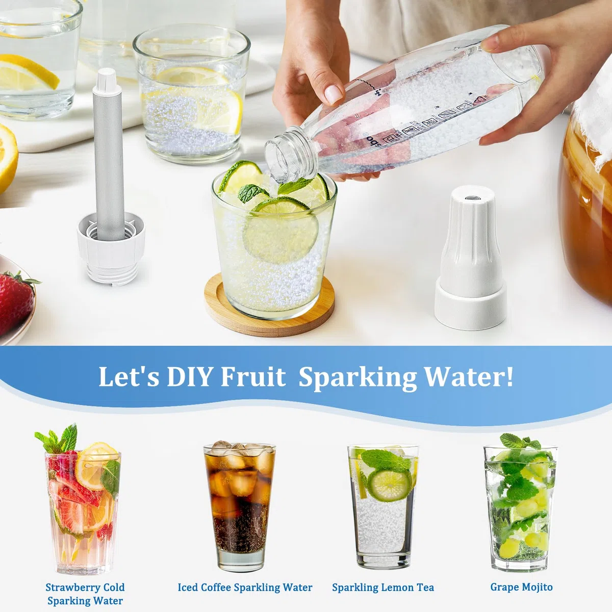 Soda Maker, Sifone per Soda 1L, Soda Siphon Bottle Portatile, Macchina per Bevande Gassate Riutilizzabile, Produttore di Bevande Analcoliche in PET per Succhi di Frutta Fatti in Casa, Mojito, Cocktail