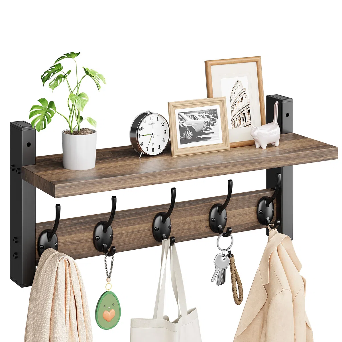 VITVITI Appendiabiti da Parete, Appendiabiti in Legno con 5 Ganci in Metallo, 40cm Mensola per camera da letto, Bagno, Soggiorno
