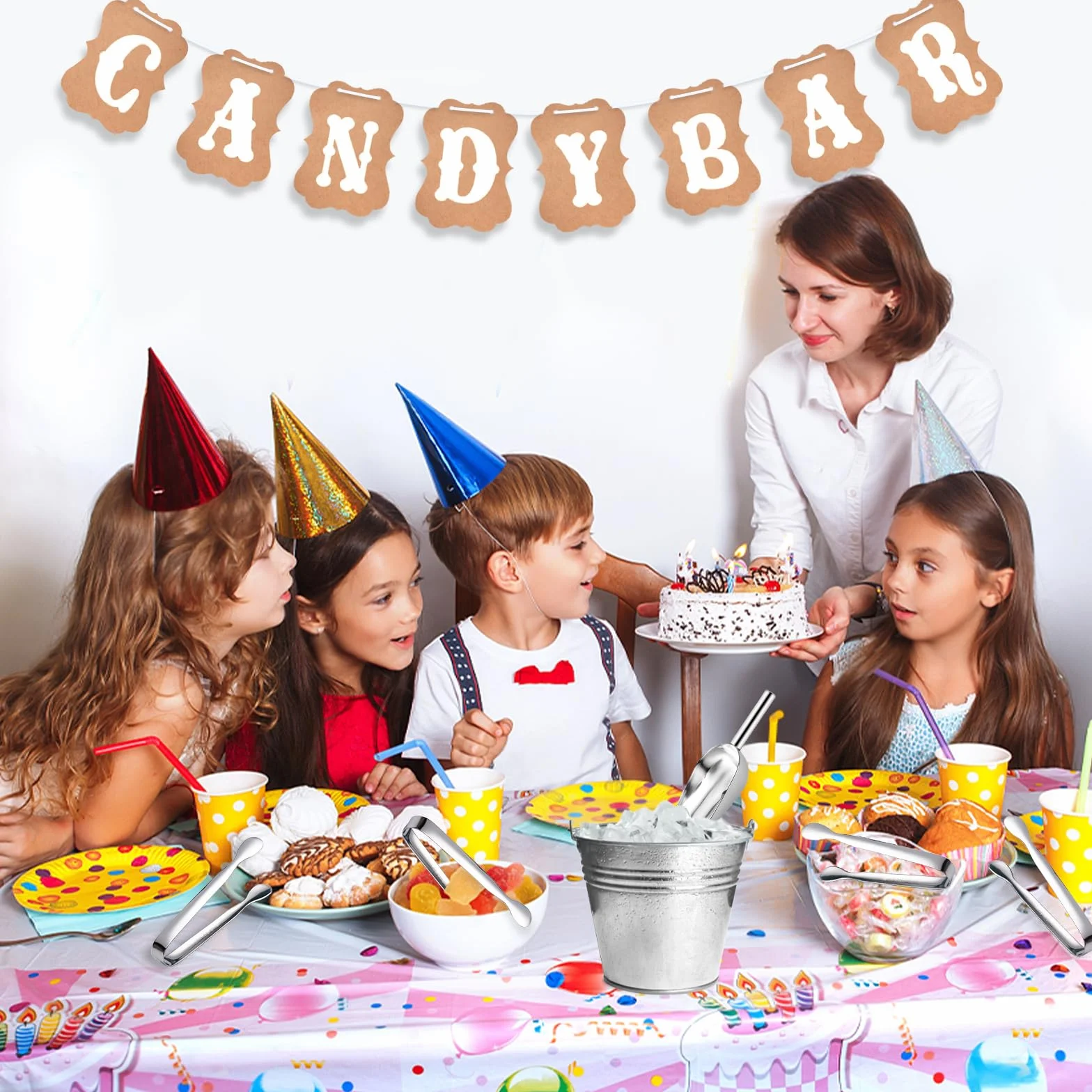 Candy Bar - Set di decorazioni per candy bar, include 6 pinze per zucchero, 2 pale e 1 ghirlanda decorativa per candy bar, pinza per cubetti di ghiaccio per feste di nozze