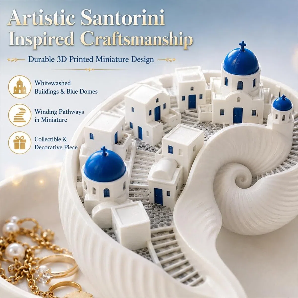 Ciotola portaoggetti di Santorini, organizer per chiavi dell'isola greca stampata in 3D, ciotola conchiglia da costruzione a cupola blu, vassoio decorativo in stile architettonico (1pc)