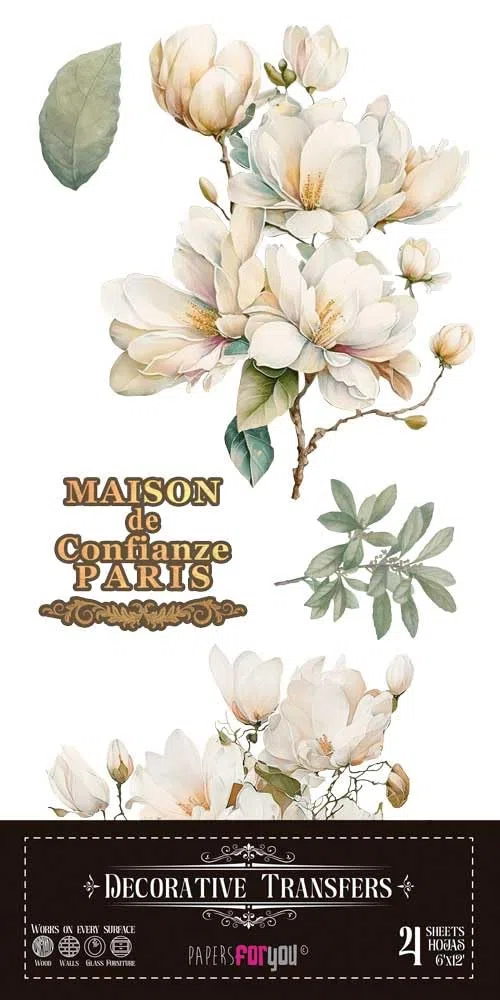 Papers For You - Trasferimenti decorativi per artigianato e mobili/adesivi di trasferimento decorativo/15 x 30 cm 6"x 12" 4 fogli (Magnolie)