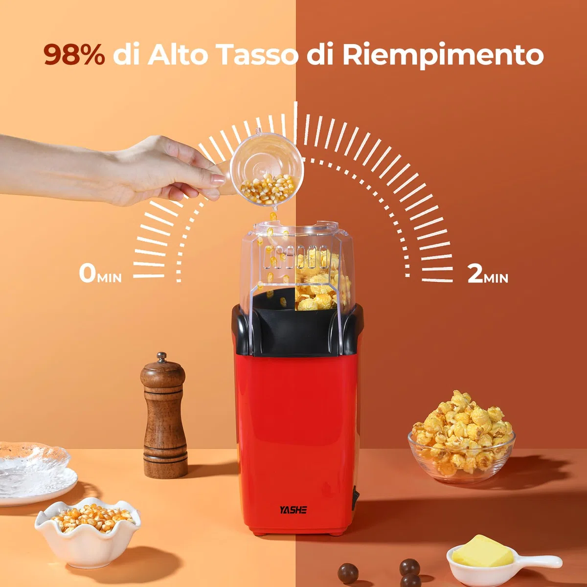 YASHE Macchina Popcorn, 1200W Macchina Pop Corn ad Aria Calda, Macchina per Popcorn in 2 Minuti, Sano e senza olio per le serate di cinema, Rosso