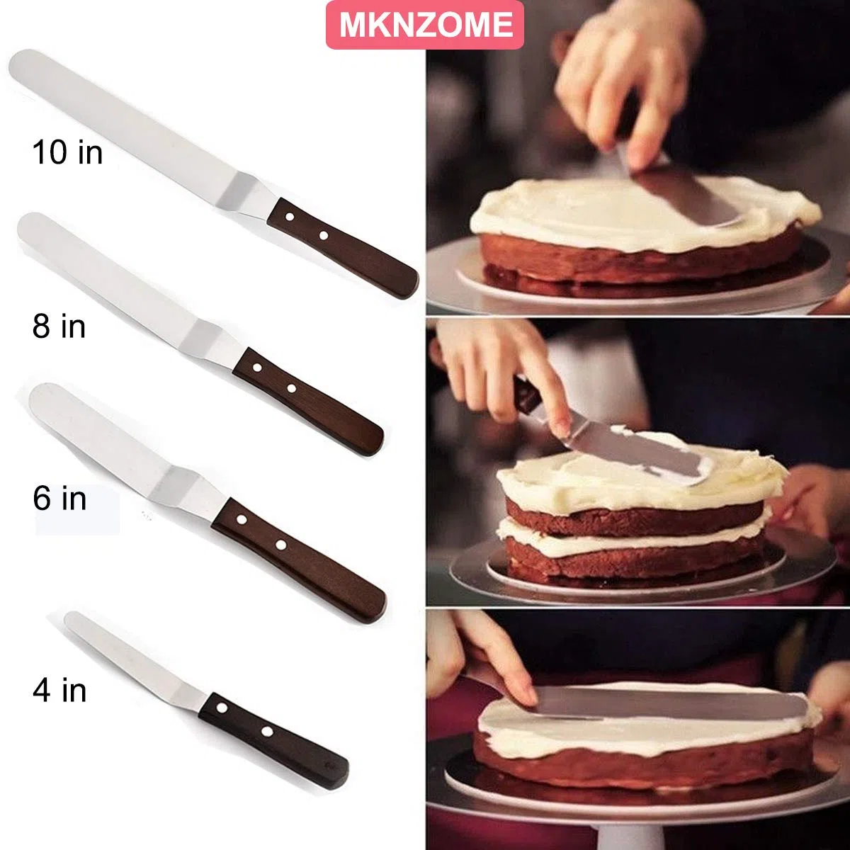 Set di 4 spatole professionali per glassa, in acciaio inox, con manico in legno, per decorare torte, glassare dolci e cupcake