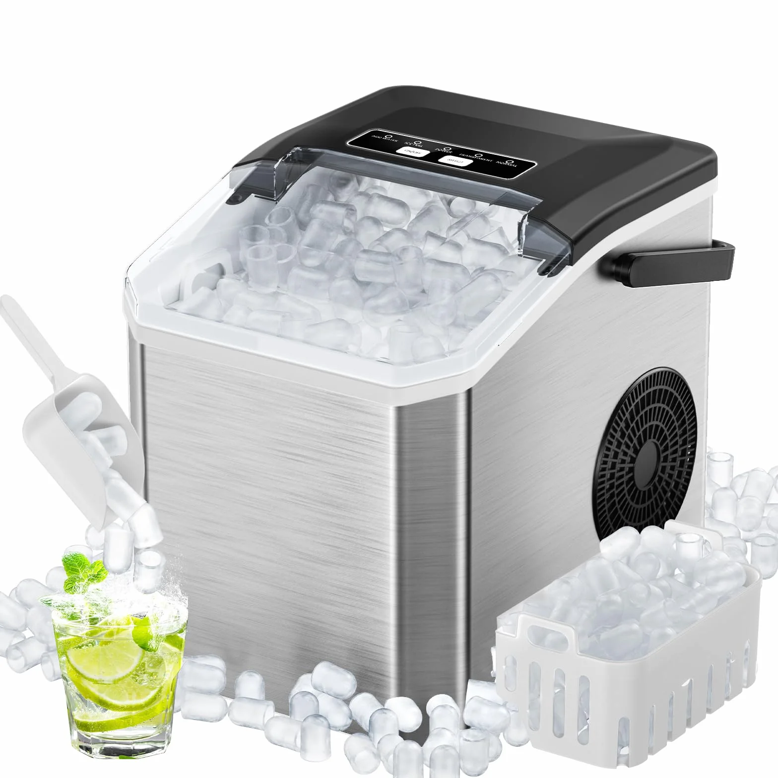 Fabbricatore di Ghiaccio 15kg/24h, 9 Cubetti in 6 Min, Macchina Ghiaccio Portatile con Maniglia e Pulizia Automatica, 2 Dimensioni Cubetti a Proiettile, per Cucina, Campeggio, Casa, Festa - Nero/Inox