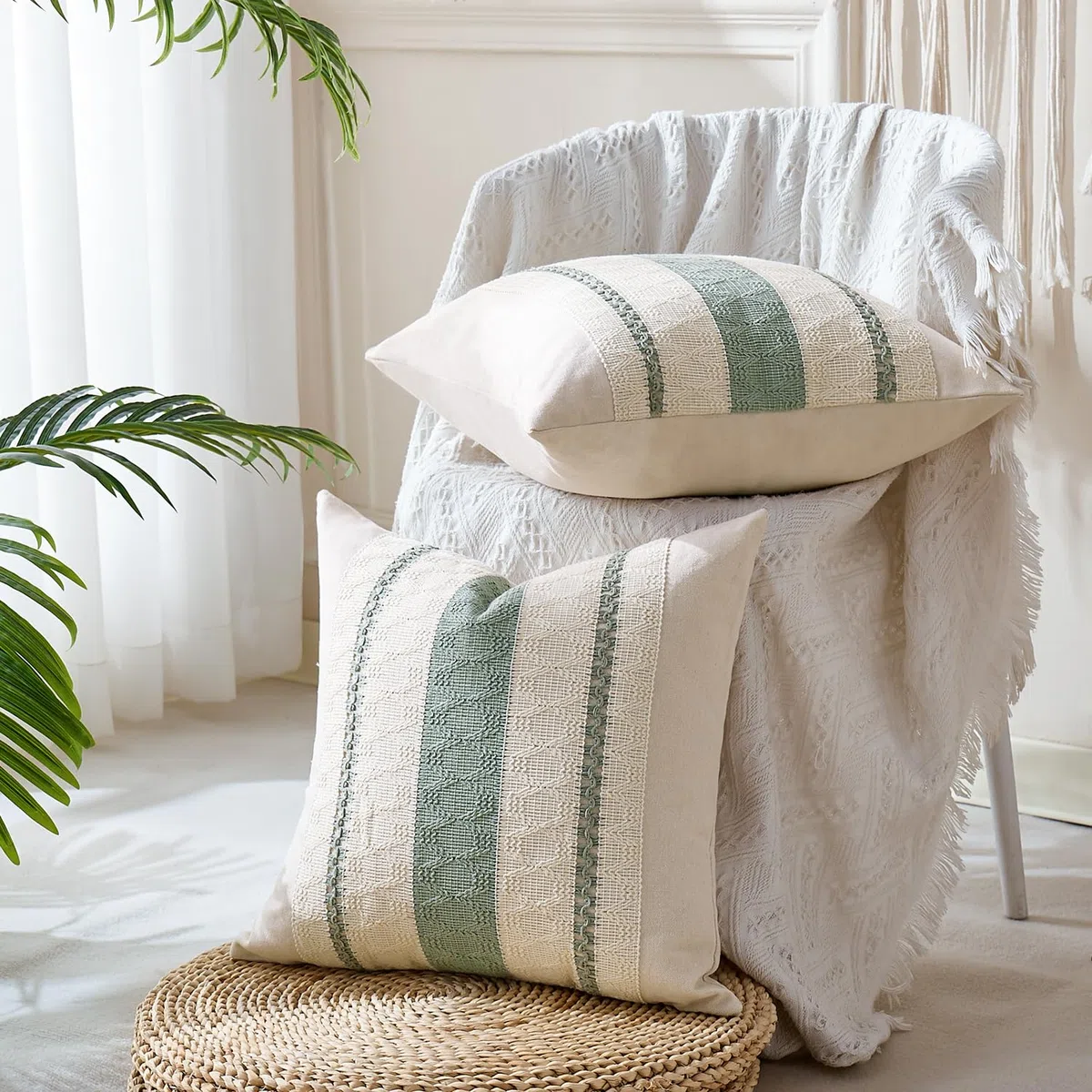 Set di 2 Boho Federe de Cuscini per Divano 40x40 Verde Salvia Moderno Fodere Cuscini Cotone e lino Macramè Cuscino Decorativo Quadrate Fodera per Cuscino per Divano Soggiorno Giardino