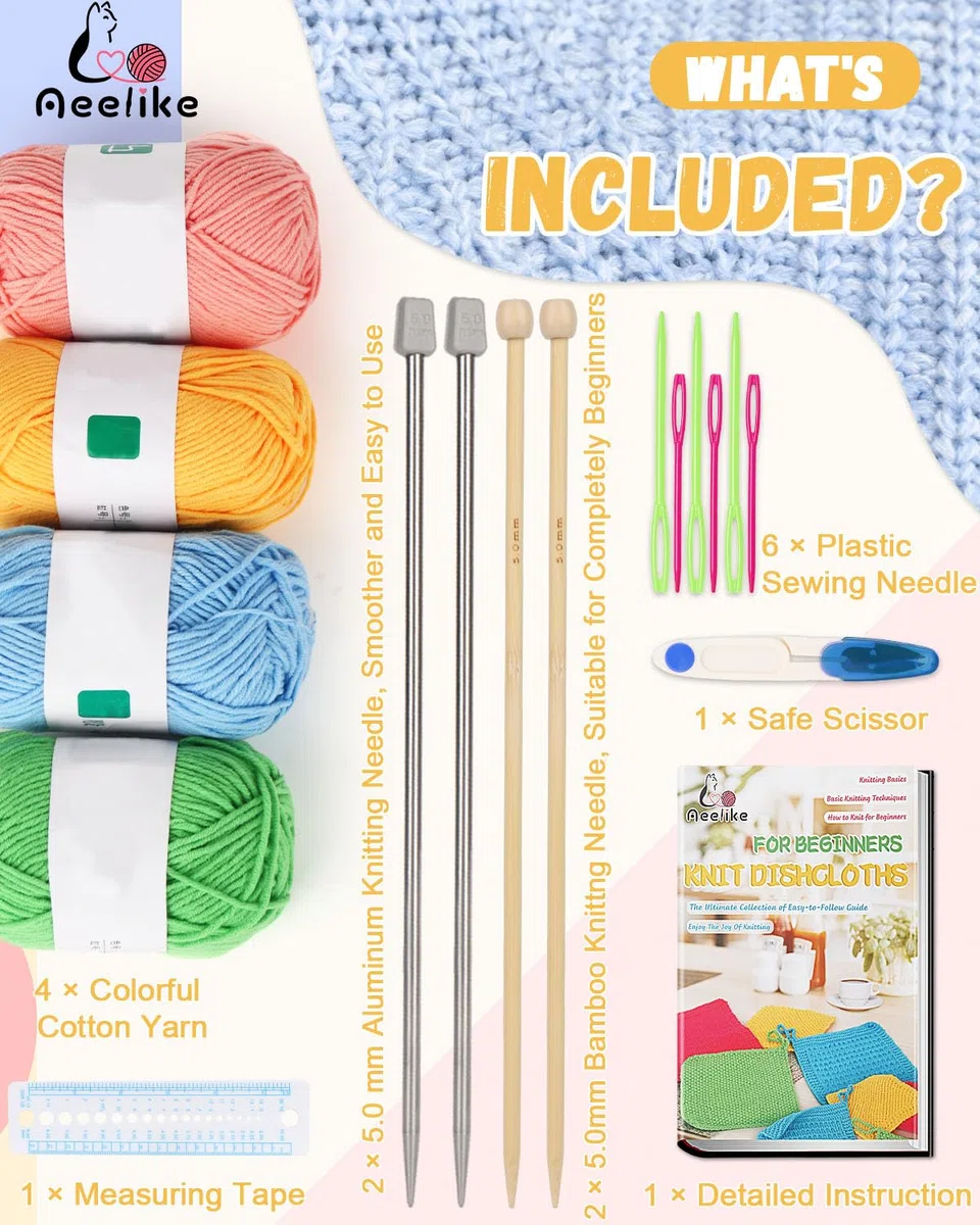 Aeelike Kit per lavoro a maglia per principianti, kit completo all'uncinetto per principianti, facile da usare, con ferri da maglia, filo di cotone, panno per imparare a lavorare a maglia con