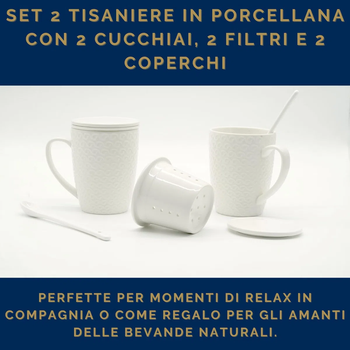 Set 2 Pezzi Tisaniere Tazze con Cucchiaio Filtro e Coperchio in Porcellana Liscia e Resistente Tisana The Infusi Elegante Idea Regalo