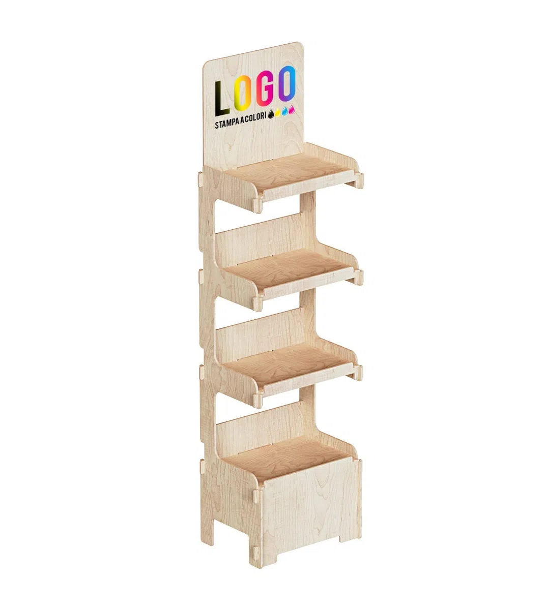 Cemab-Espositore in legno, Ecologico, Tokyo 4 piani (largh. 45 cm + stampa del tuo logo)-montaggio facile ad incastro.