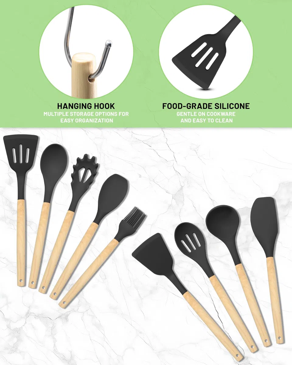 19 Pezzi Set di Coltelli da Cucina - Utensili da Cucina in Silicone con 5 Coltelli per Pentole Antiaderenti, con Scatola di Stoccaggio