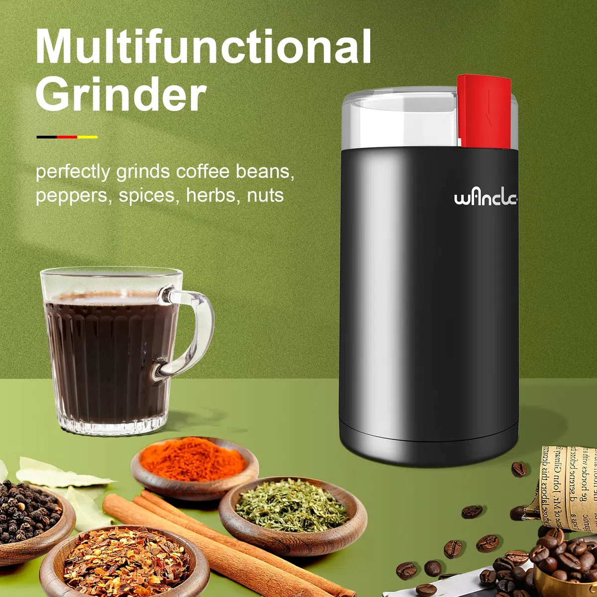 Macina Caffè, Wancle Macina Caffe elettrico, Macinatore di spezie silenzioso, mulino da caffè one touch, utilizzato per fagioli, spezie, ecc., con spazzola pulita (Nero+Rosso)