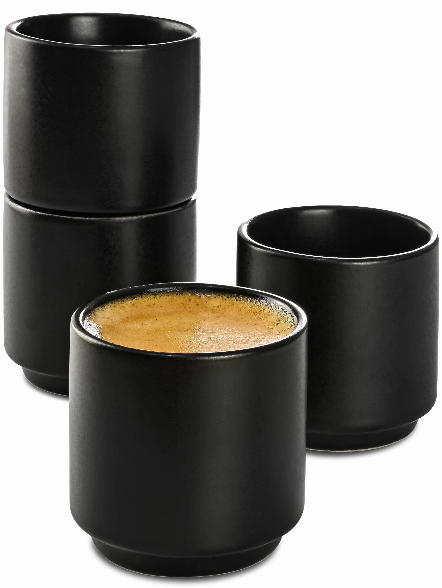 Cosumy Set di 4 Tazze da Espresso in Ceramica Nera - Design Impilabile - Pareti Spesse - Lavabile in Lavastoviglie - 70 ml