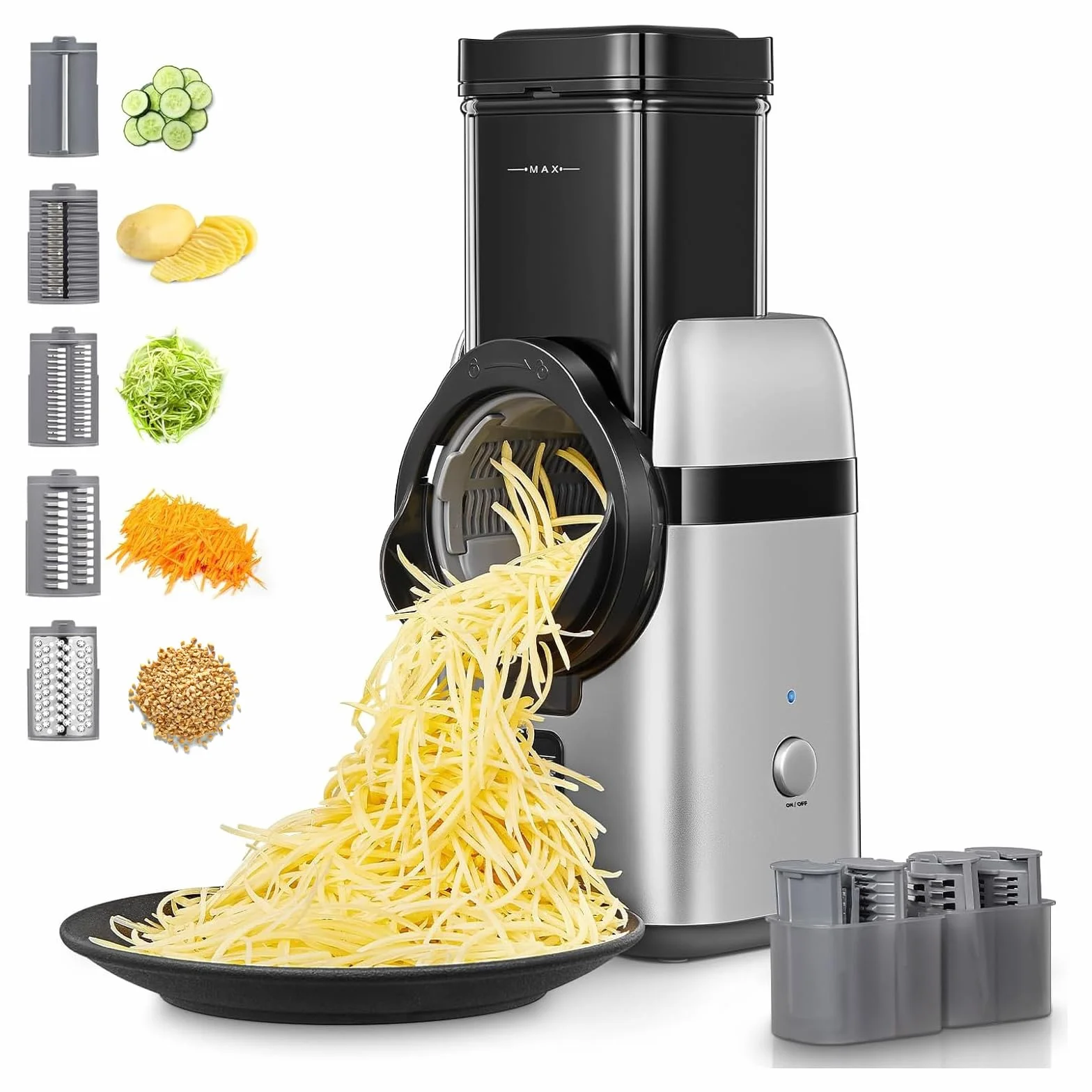 FOHERE Tritatutto Elettrico 5 IN 1 Grattugia Multifunzione per Verdura, Taglia Verdure con 5 Lame e Scatola di Stoccaggio, Grande Scivolo di Alimentazione per Patate intere, Formaggio e Noci