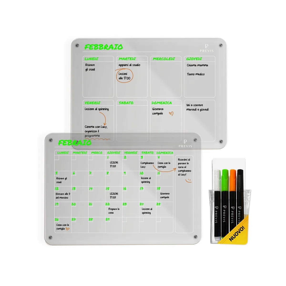 Previs Brand Kit di 2x Lavagna Magnetica Frigo Trasparente (Settimanale + Mensile) A4 (21x29,7cm) con 4 Pennarelli Premium - 2x Calendario Acrilico Trasparente Frigo