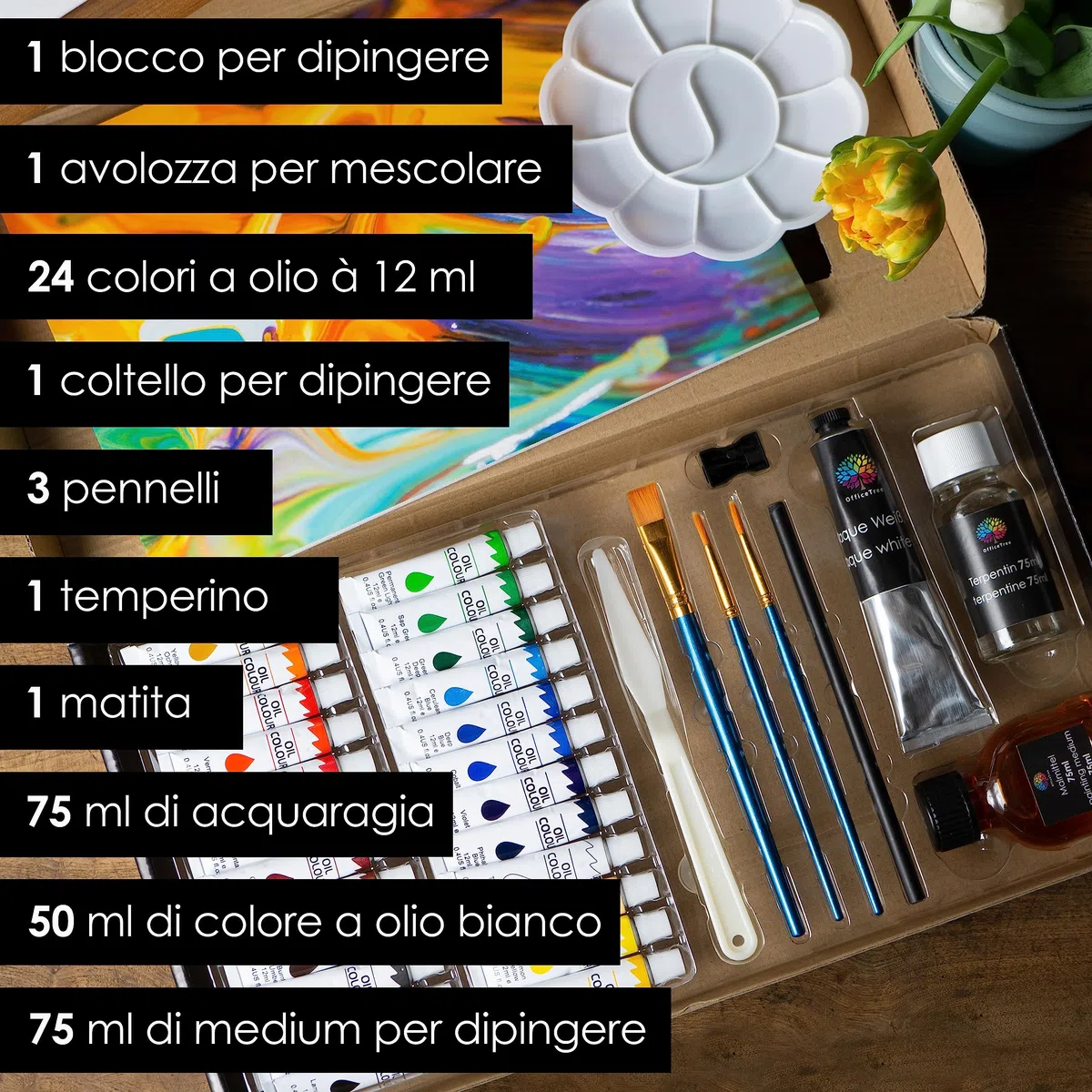 OfficeTree 24x 12 ml Kit pittura olio con pennello e tavolozza - Kit per la pittura con accessori - Colori ad olio per pittura su tela con trementina, fissante e blocco per pittura - Set dipingere