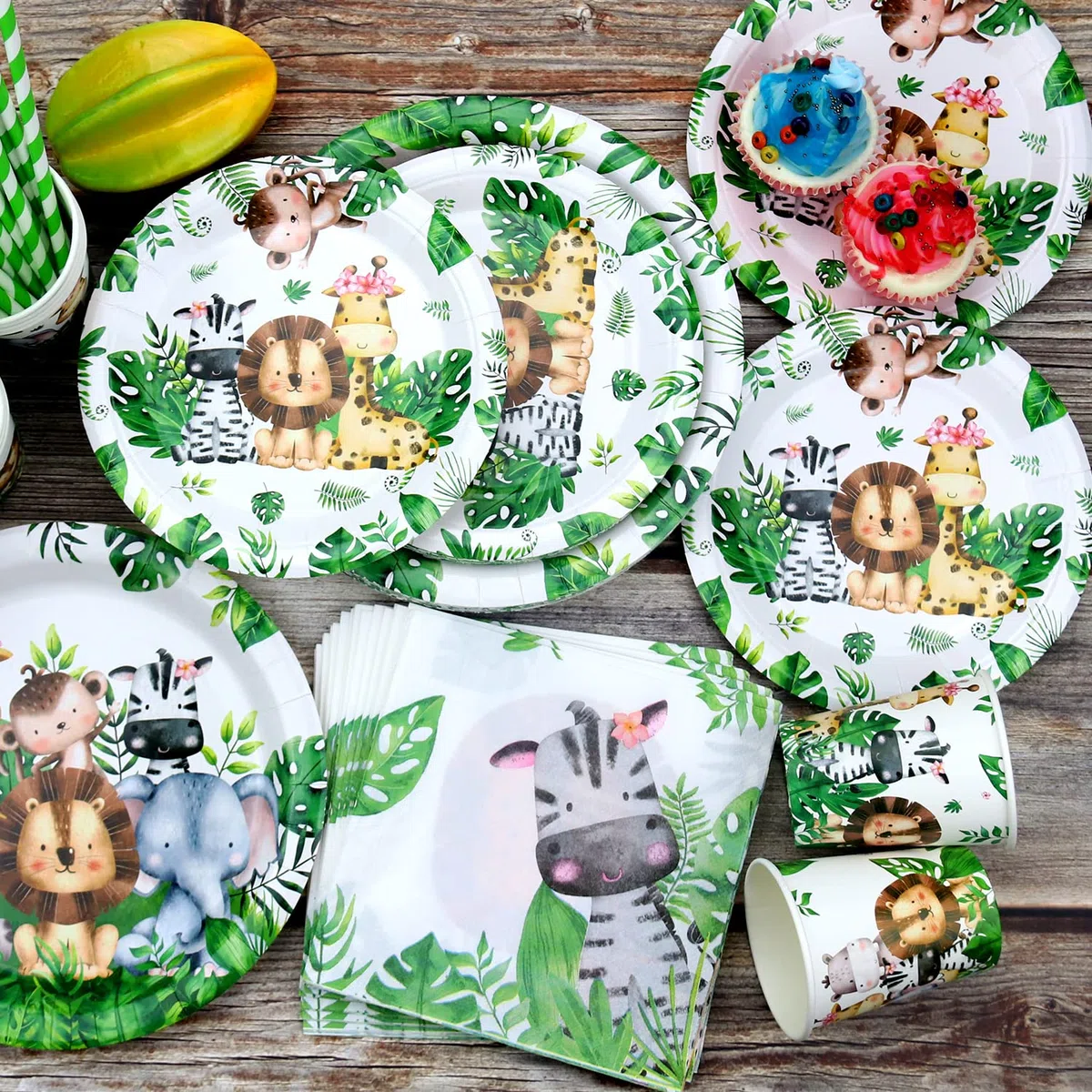 Safari Jungle Birthday Tableware Set - Decorazioni per il primo compleanno degli animali selvatici - 40 piatti piani, 40 bicchieri, 40 tovaglioli