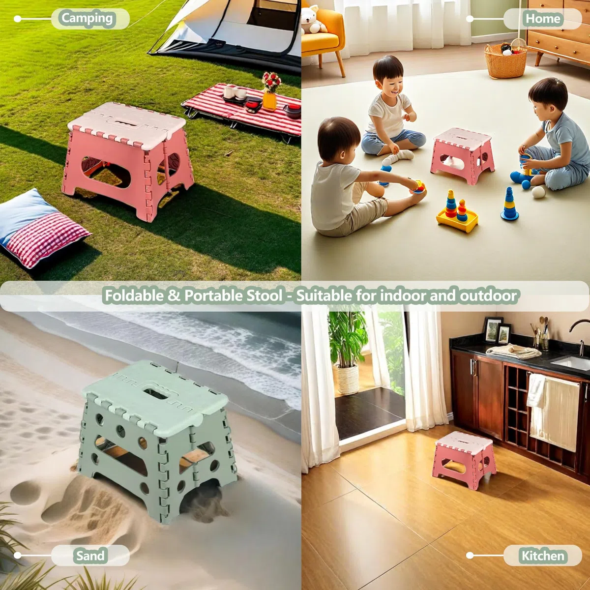 Plastica Sgabello Portatile per Bambini e adulti - Sgabello pieghevole di alta qualità - Sgabelli Multiuso con maniglia per Cucina, Bagno, Giardino, Casa (18 cm di altezza - verde)