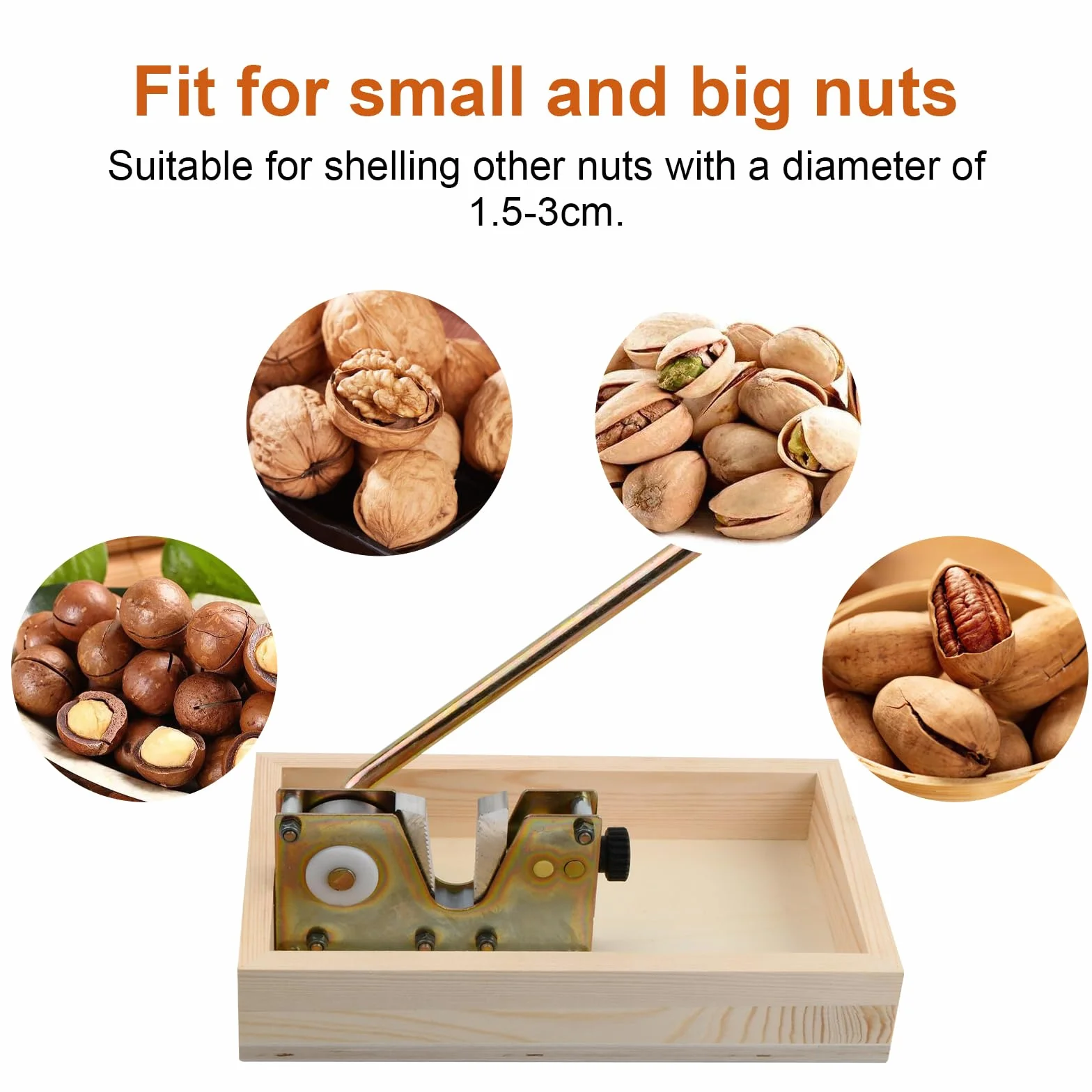 Schiaccianoci Noci, Cracker con Funzione Leva Schiaccianoci Acciaio Inox, Dimensione Regolabile Schiaccia Mandorle con Vassoio di Legno, Strumento di Apertura per Noci Macadamia Pecan