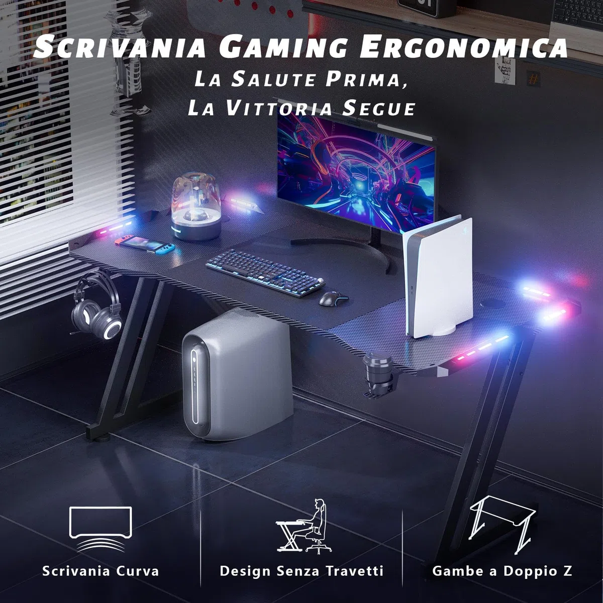 HLONONE 120 x 60 cm Scrivania Gaming LED, Tavolo Gaming Ergonomica, Postazione Gamer con Piano del Tavolo in Fibra di Carbonio, Scrivania per Computer con Porta Bicchiere e Ganci per Cuffie, Nero