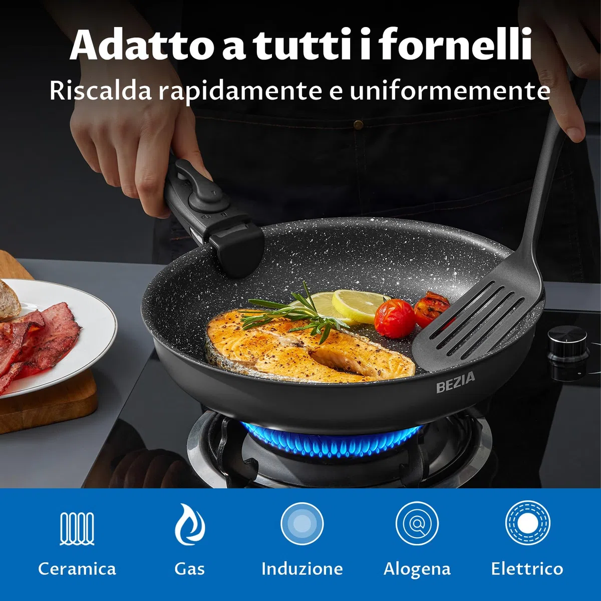 BEZIA Set di Pentole 10 Pezzi, Set Pentole e Padelle con Manico Removibile, Pentole Antiaderente, Impilabile per Camper, Prive Di Sostanze Tossiche, Senza PFOA, Compatibile con Induzione e Gas/Forno