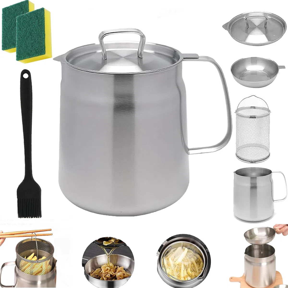 Pentola filtro olio, vaso filtro olio, vaso filtro olio con cestello per friggitura, pentola filtro olio in acciaio inossidabile, friggitrice filtro olio, 304 inossidabile, grande capacità