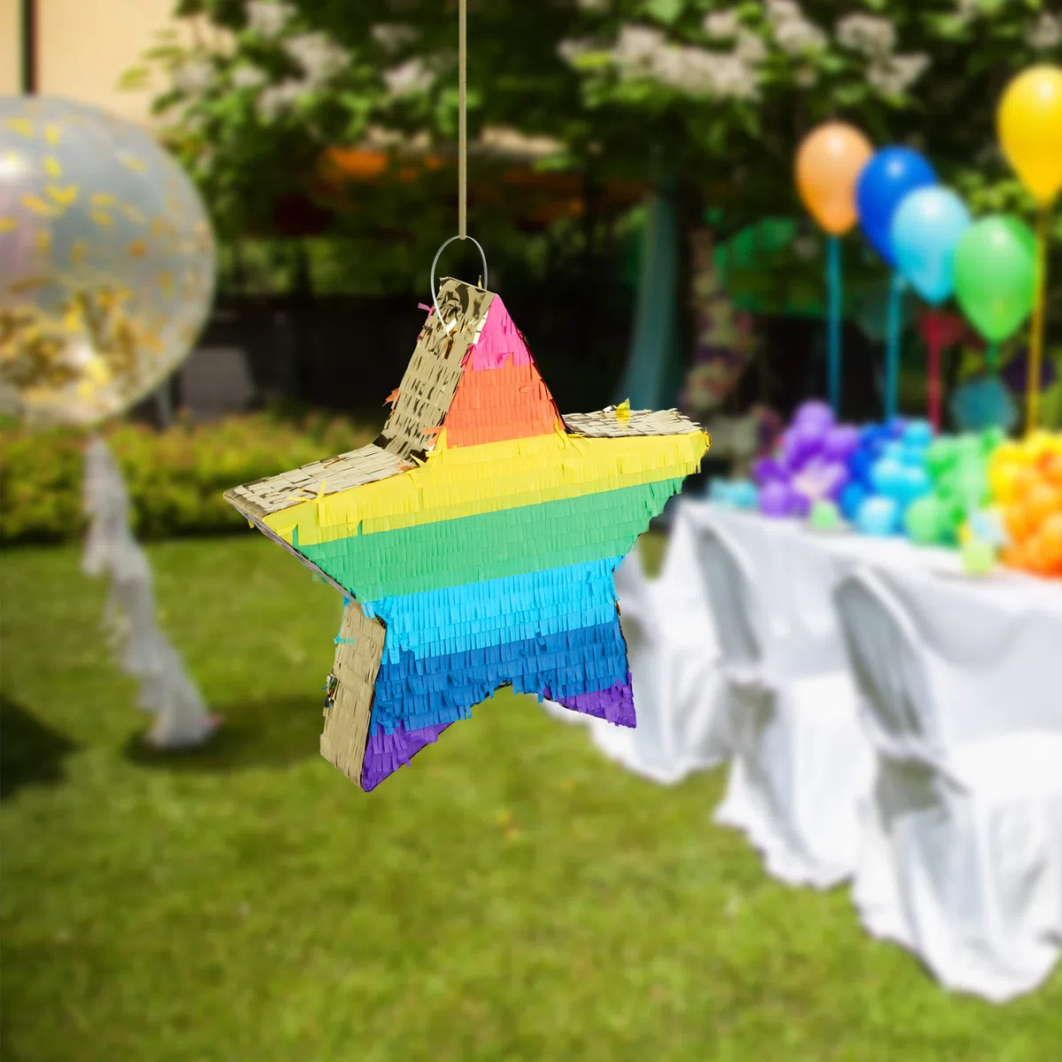 Relaxdays Pignatta a Forma di Stella, Pentolaccia da Riempire, Bambini e Adulti, Arcobaleno, da Appendere, Colorata/Oro
