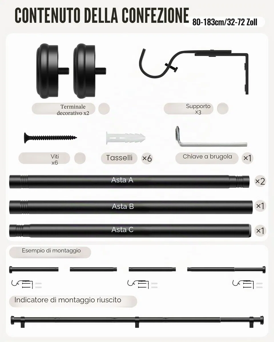 Bastone Tende 80–183 cm, Asta Estensibile Ø25 mm, Bastoni per Tende con Staffe per Finestre di Camera da Letto e Soggiorno, Nero Opaco