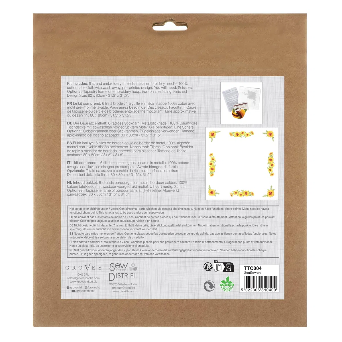 Trimits Kit per punto croce stampato, tovaglia – include tessuto stampato, fili, ago e istruzioni, 80 x 80 cm, girasoli