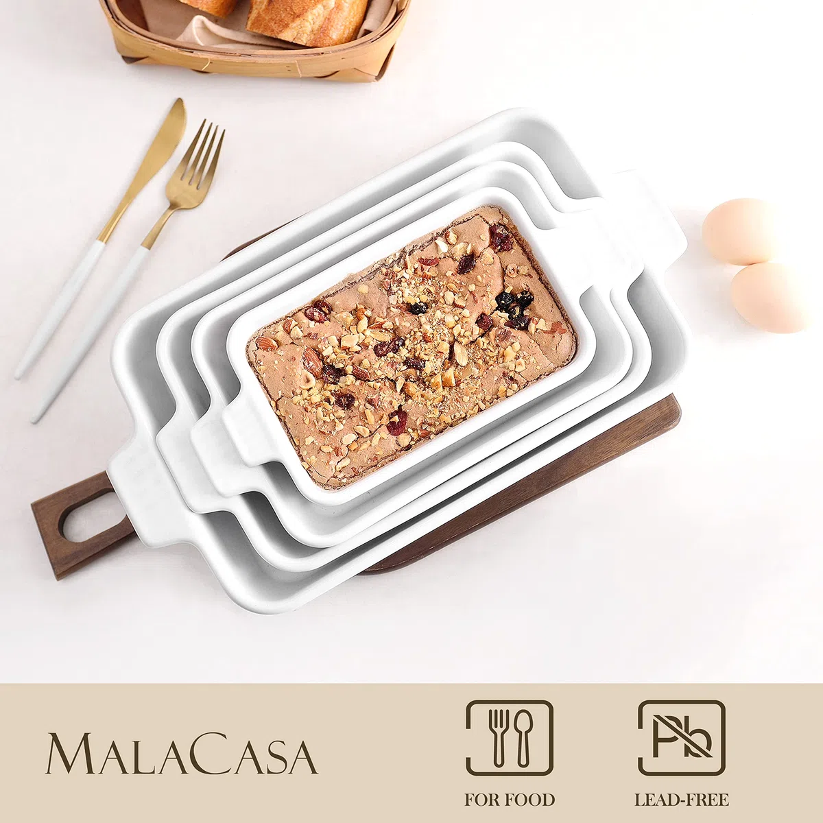 MALACASA Serie BAKE, Pirofile da Forno Rettangolari per Lasagne, Set di 4 Teglie da Forno in Ceramica 3020, 2080, 1480, 850 ml, Pirofila Ceramica Grande Antiaderenti Bianca