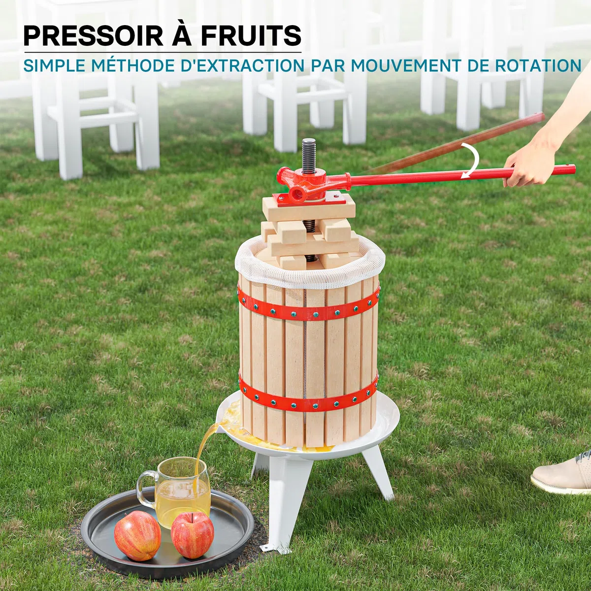 Wiltec Torchio Frutta da 6 l con Gabbia in Legno e 3 Sacchi di spremitura, Torchio a Leva