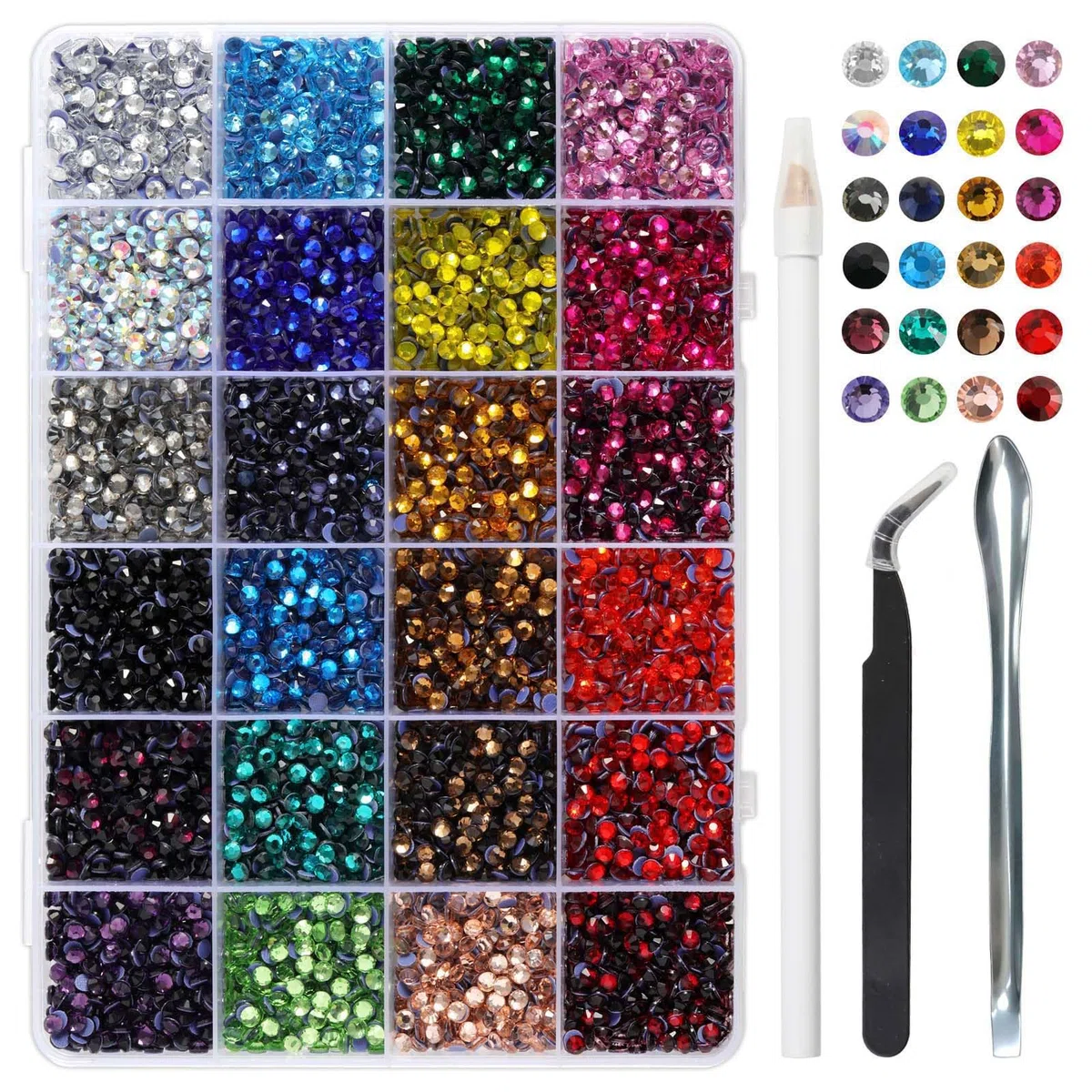Strass SS16 Termoadesivi Cristallo per Tessuti, Strass Hotfix 24 Colori Misti per Crafts e Abbigliamento, con 1 Pinzetta, 1 Matita di Cera e 1 Cucchiaino