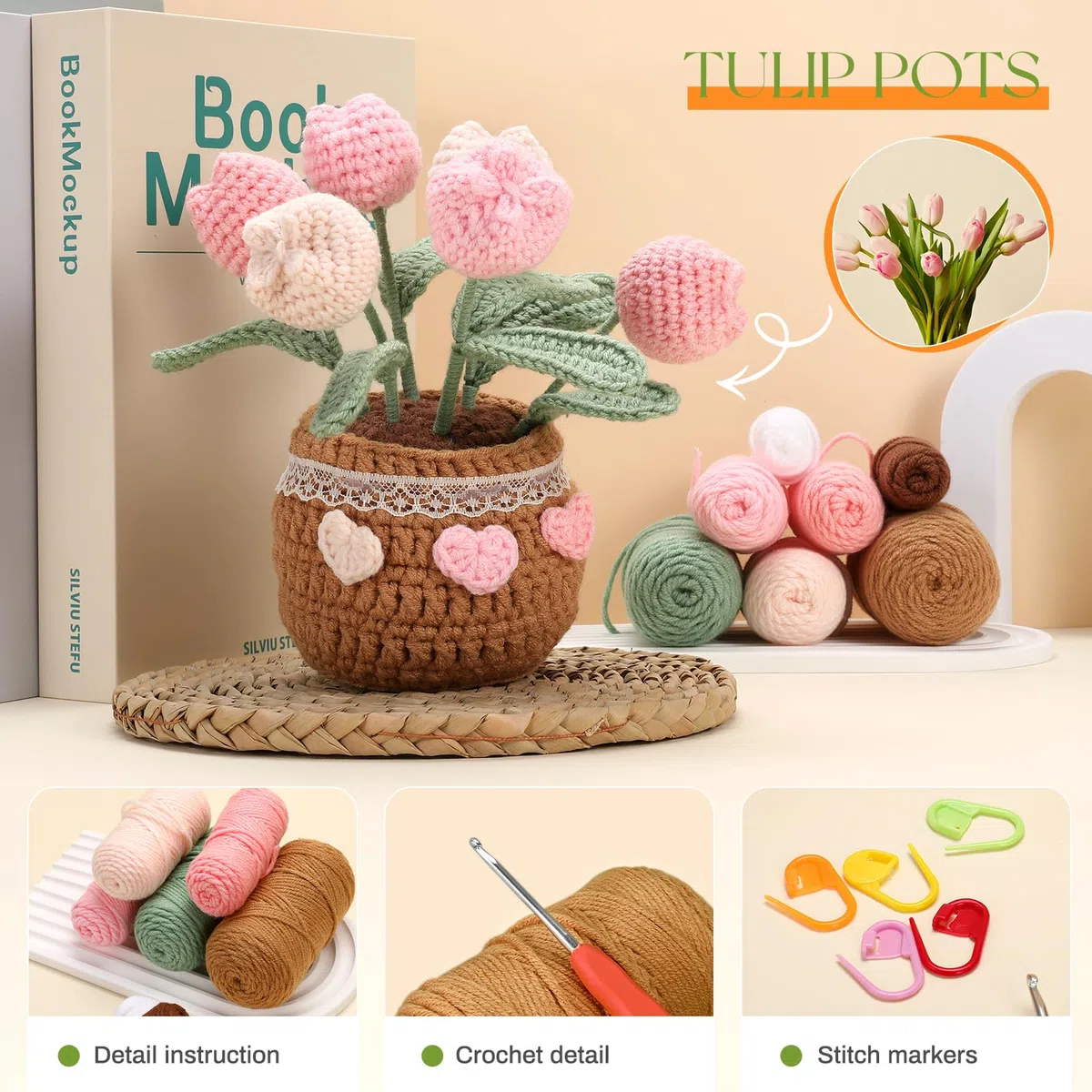 CestMall Kit per Uncinetto per Principianti, 6 Pezzi Kit per Lavorazione Maglia Fiore per Avviamento all'Uncinetto per Piante Vaso con Pennarello Punto Filato Artigianato Fai-da-Te con Tutorial Video