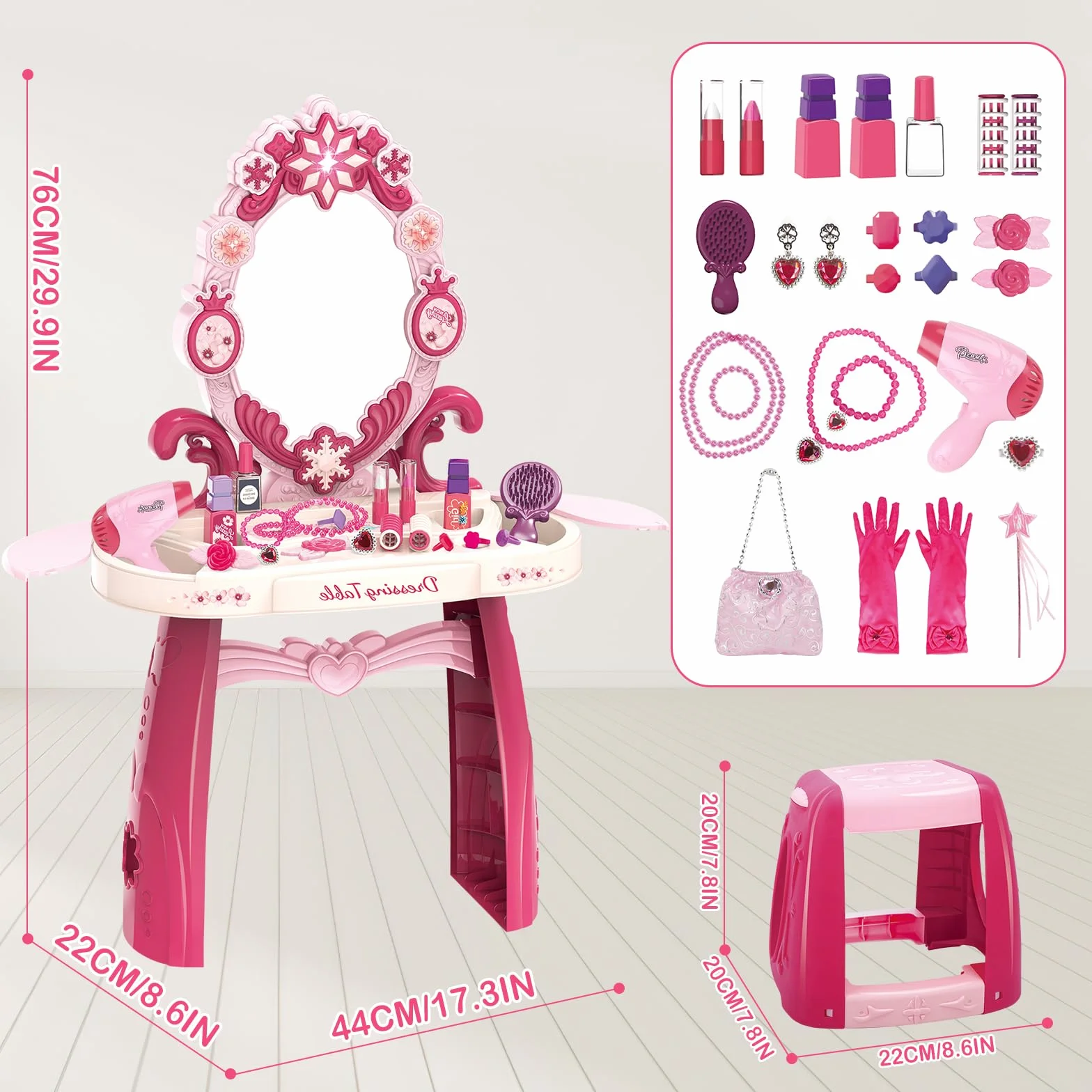 deAO Set Parrucchiera Bambina con Sgabello, Specchiera Trucco Bambina con Musica, Luce Salon Bambini Trucco Set per Ragazze Giochi Bambini da 3 Anni (Rosa)