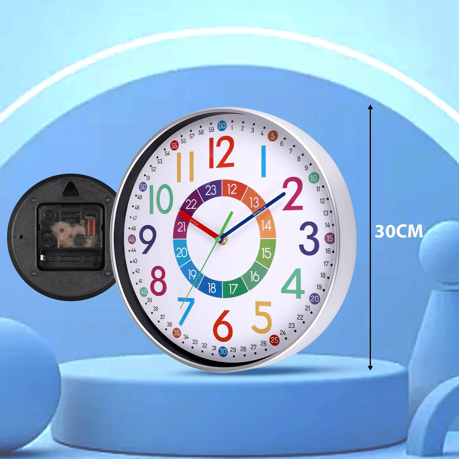 JIZZU Orologio da Parete Bambini Educativo Silenzioso, Orologio da Parete Colorato 30cm, Facile da Leggere, Creativo Moderno Design Senza Ticchettio per Cameretta Bambini Soggiorno Scuola