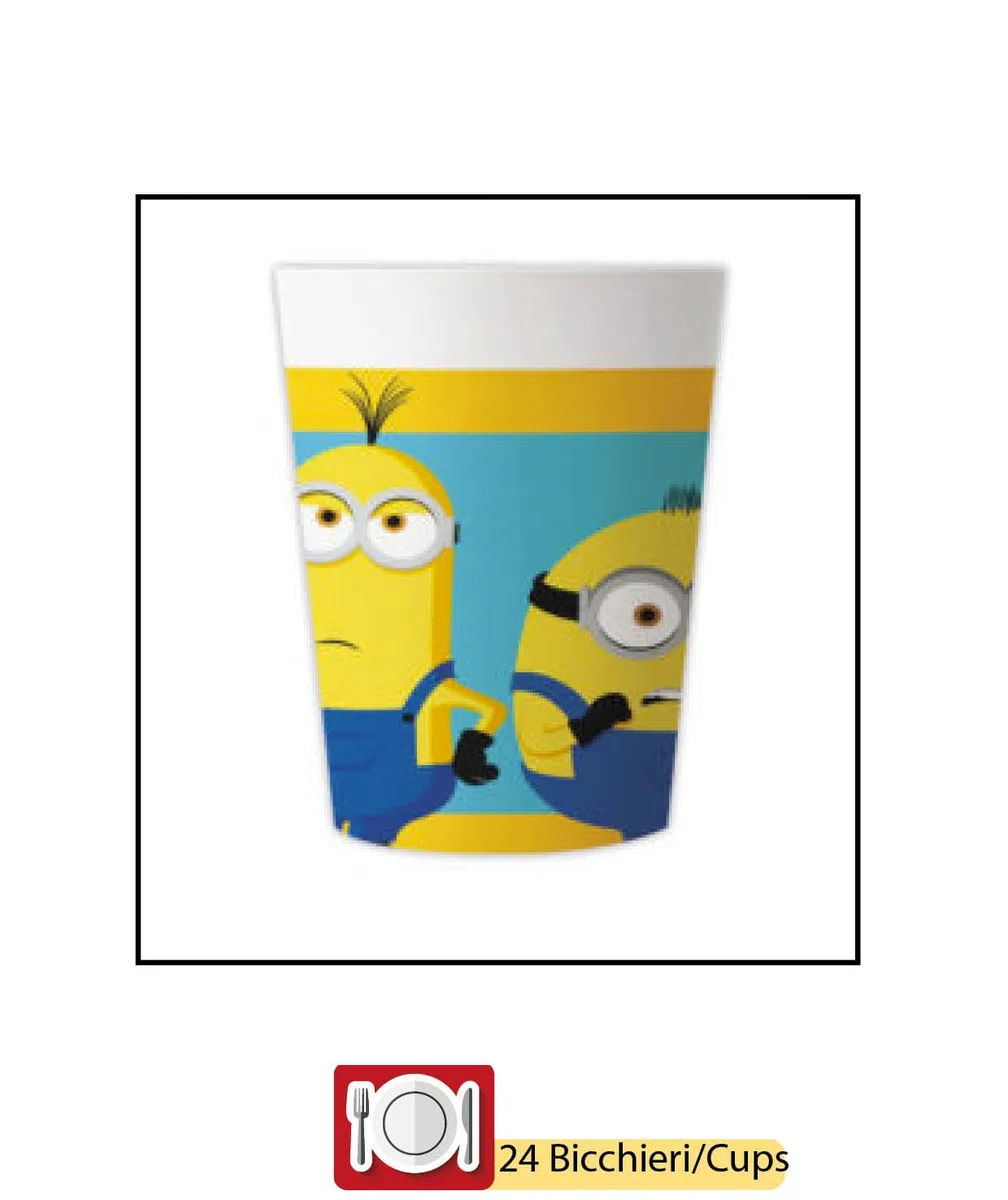 Kit Party Tavola Minions The Rise of Gru per 24 persone (88 pezzi: 24 piatti Ø23cm, 24 bicchieri 200ml, 40 tovaglioli 33x33cm)