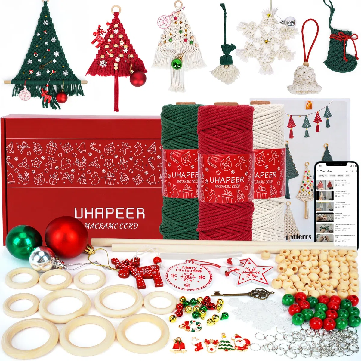 UHAPEER Kit macramè per Natale, 150 m, kit macramè per principianti adulti con istruzioni/video, cotone naturale, anello/bastone in legno, kit macramè per albero di Natale, decorazione albero di