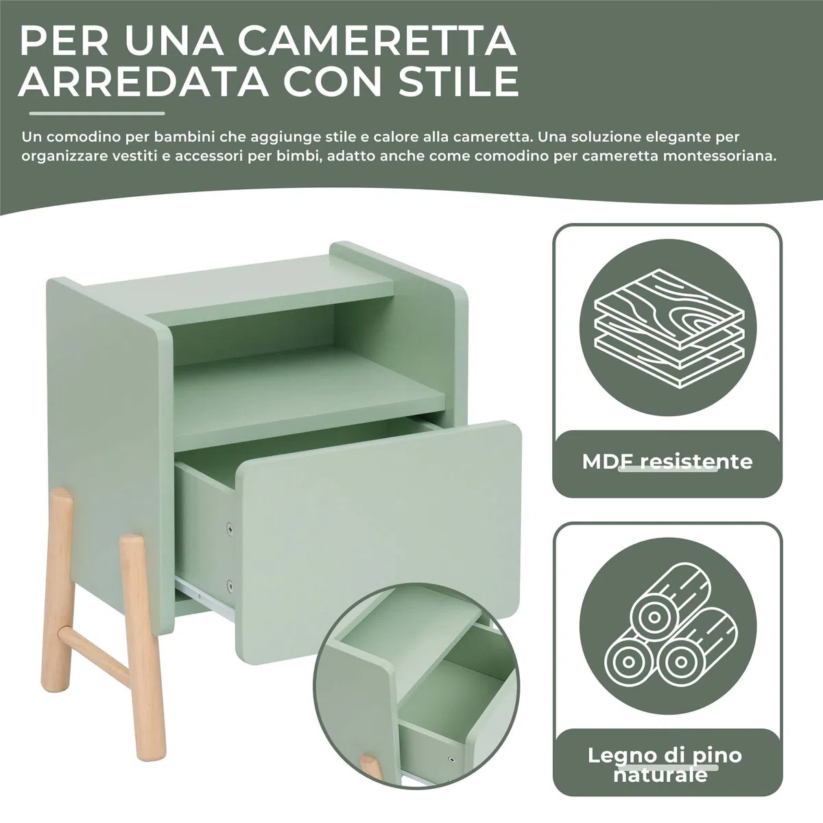 Rebecca Mobili Comodino con 1 Cassetto e 1 Ripiano, Comodino per Cameretta, Verde Acqua Marrone, MDF Pino, Stabile, per Camera Montessori - Misure HxLxP: 49 x 43 x 30 cm - Art. RE7130