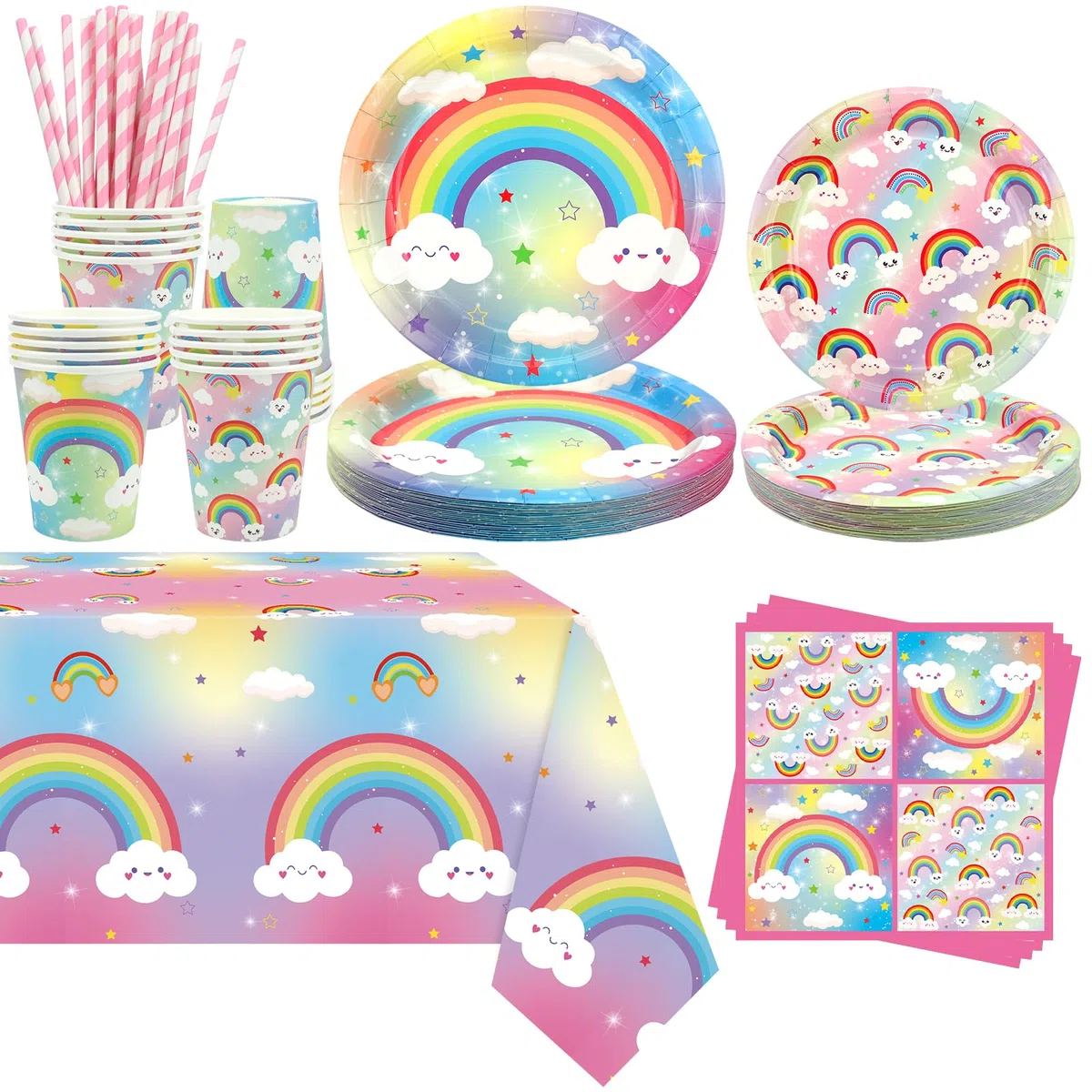 Confetti Arcobaleno per Festa - Set di Decorazioni per Compleanno con Piatti, Tazze, Tovaglioli, Tovaglia, Cannucce - Serve per 20