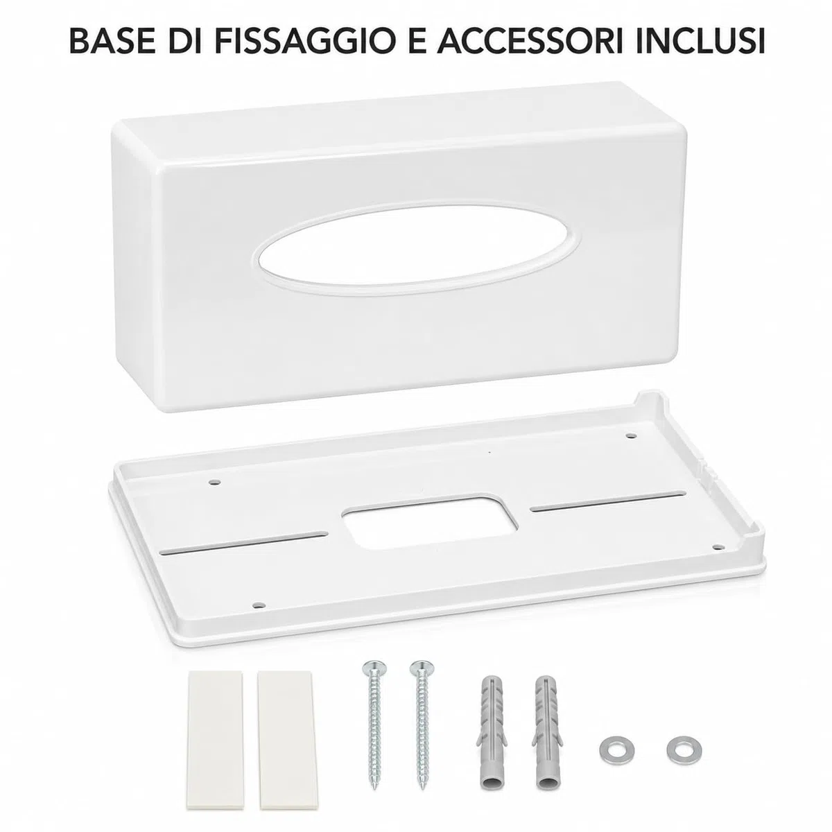 Scatola dispenser porta fazzoletti, MADE IN ITALY, in ABS riciclabile, 246x131x62mm, ideale per bagno, salotto, hotel e casa, completo di viti e biadesivo per fissaggio a parete (rettangolare bianca)