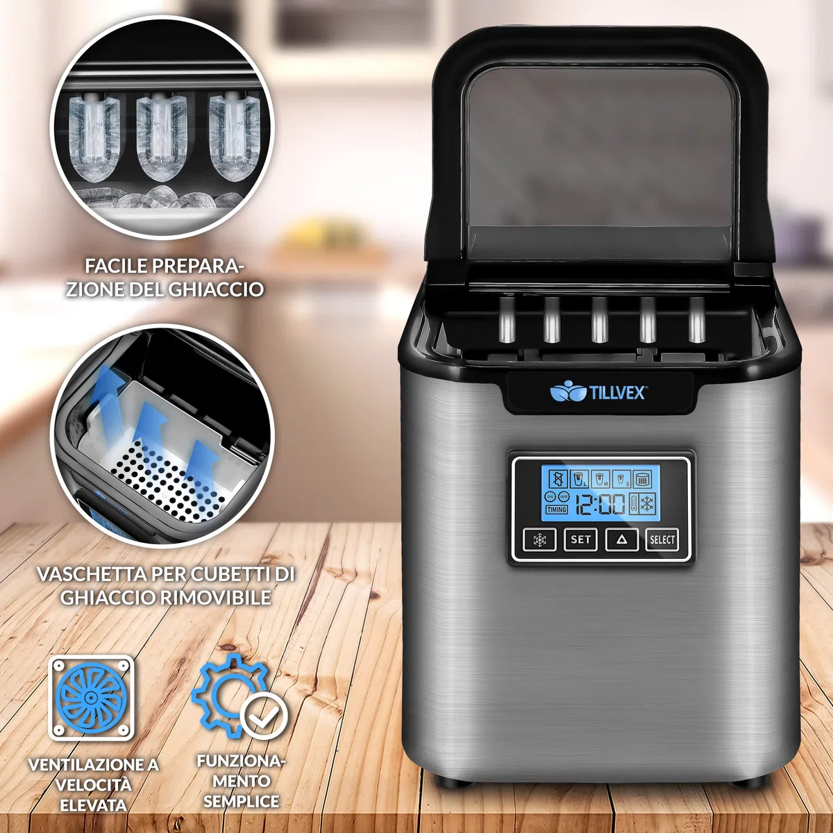 tillvex Macchina del Ghiaccio 12 kg - 24 h | Macchina Ghiaccio Casa in Acciaio Inossidabile | Macchina Professionale | 2,2 L Serbatoio d'Acqua | Display LED, Timer | 3 Misure Cubetti di Ghiaccio