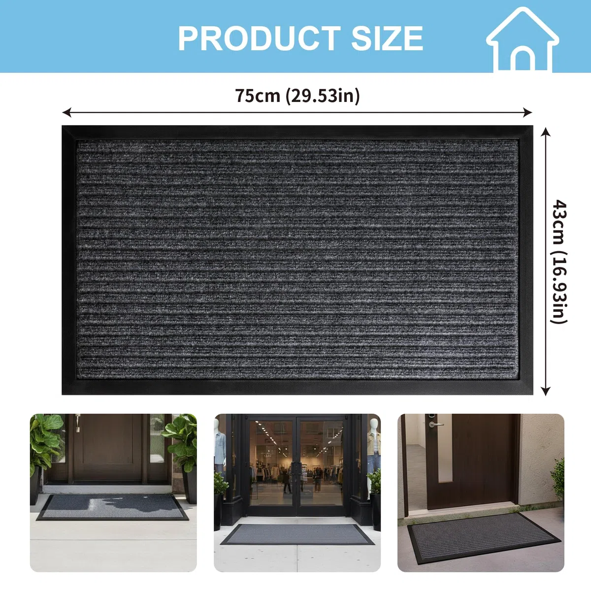 Cozary Zerbino per esterni, 43 x 75 cm, lavabile, estremamente antiscivolo e durevole, per ingresso, porta di casa, patio, corridoio, giardino (grigio)