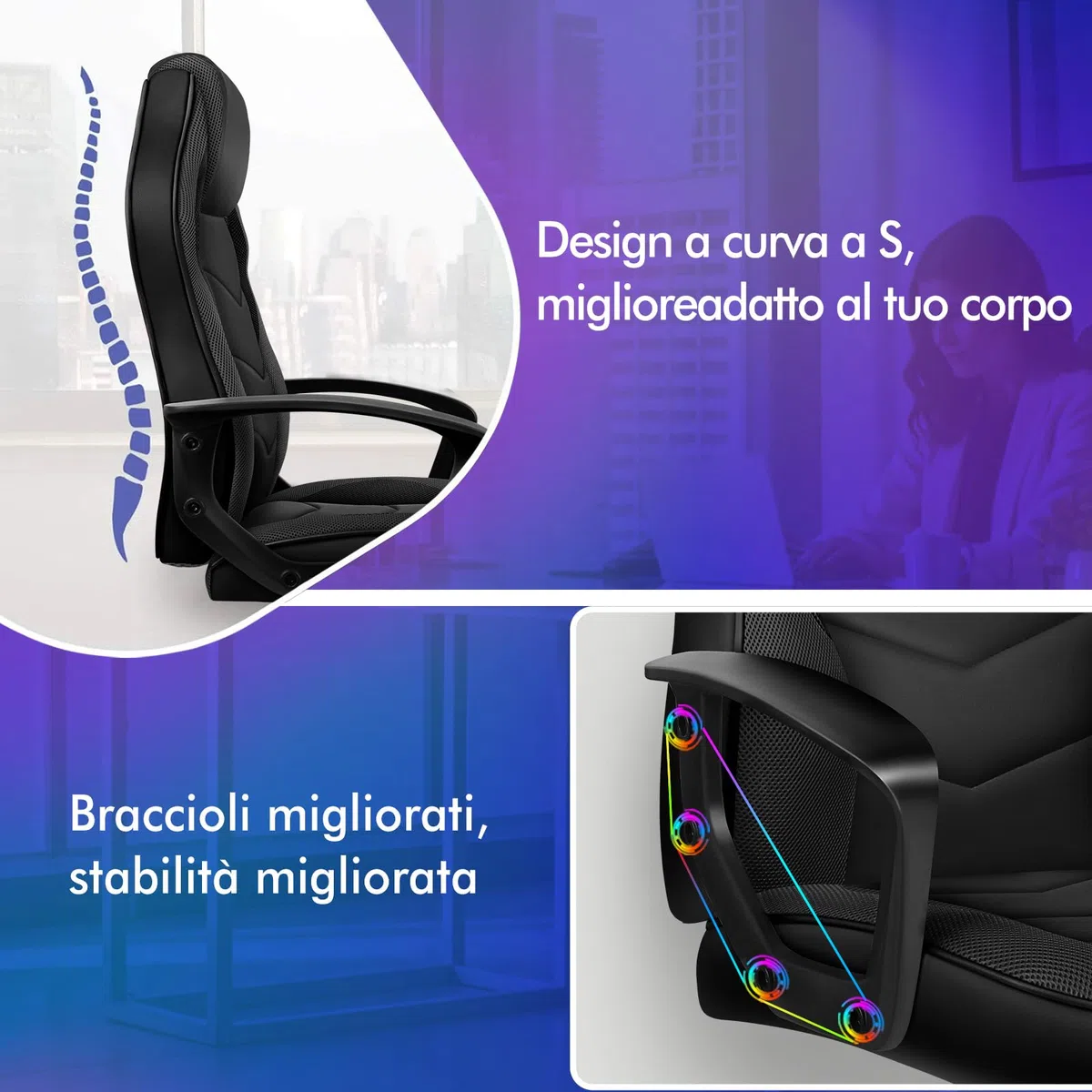 ALFORDSON Racing Sedia Ufficio Ergonomica con Ruote, Sedia Gaming in Similpelle e Rete Traspirante, Funzione di inclinazione, Altezza Regolabile, Poltrona Gamer per Computer Supporta 150 kg(Nera)