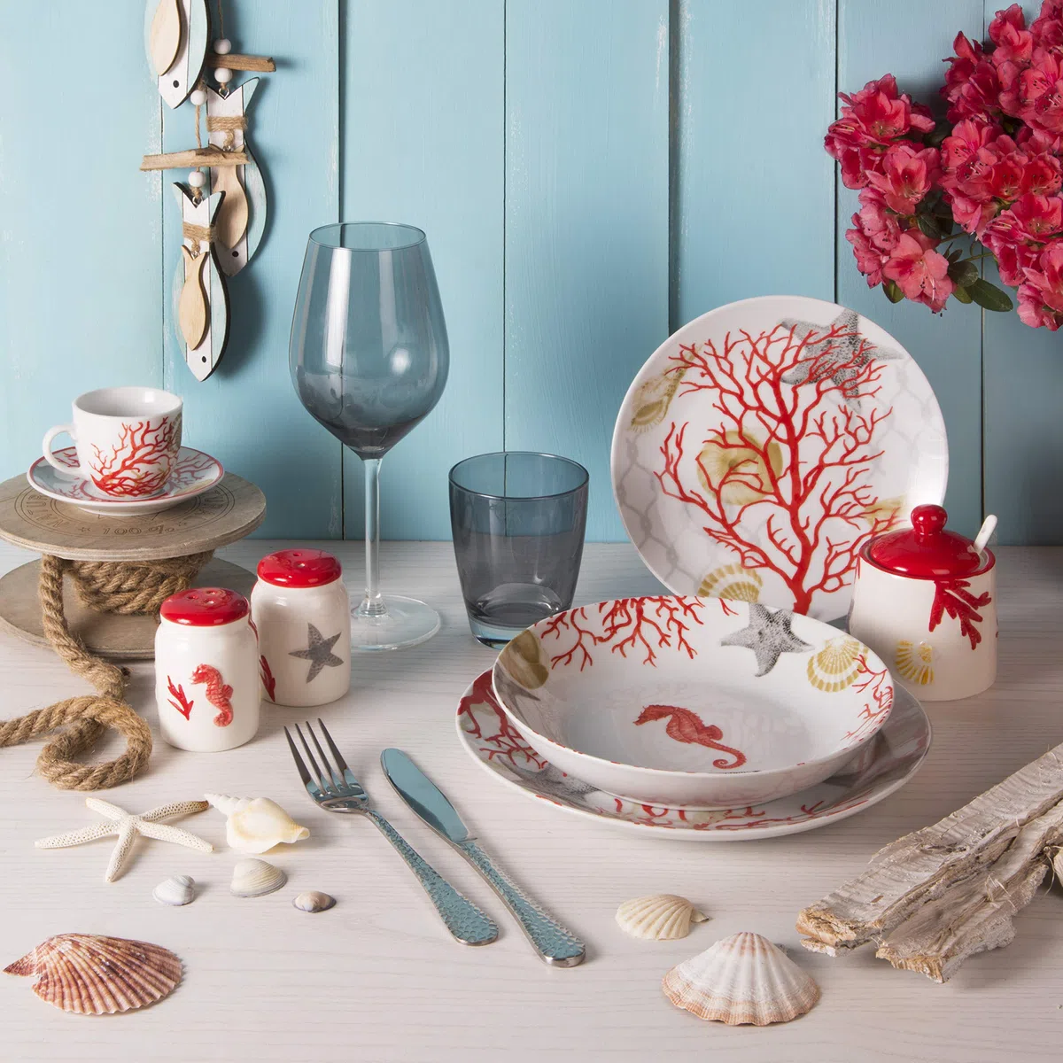 Excelsa Coral Servizio Piatti 18 Pezzi, Porcellana, Rosso