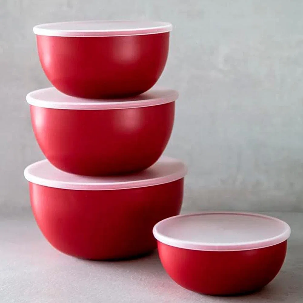 KitchenAid Insalatiere in Plastica con Coperchio, Rosse, Set 4 Ciotole Cucina