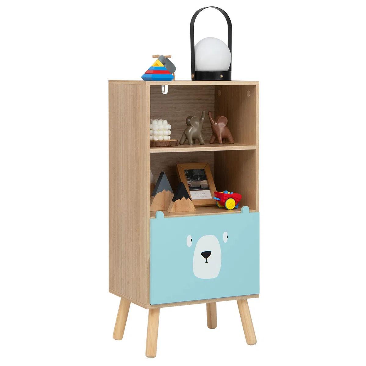 KOMFOTTEU Scaffale per Bambini a 3 Livelli, Scaffale per Bambini con Protezione Antiribaltamento e Motivo a Cartoni Animati, Scaffale per Giocattoli con 2 Scomparti Aperti e 1 Cassetto
