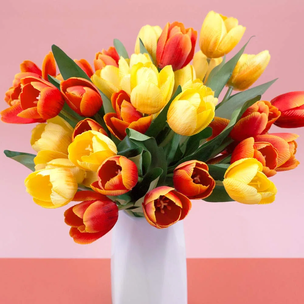 SNAIL GARDEN Set di 36 Tulipani Artificiali,Tulipani in Seta,Fiore Finto Tulipano con 1 Biglietto di Auguri per Matrimonio,Casa,Festa,Festival,Composizioni Floreali,Bouquet da Sposa(Rosso/Giallo)