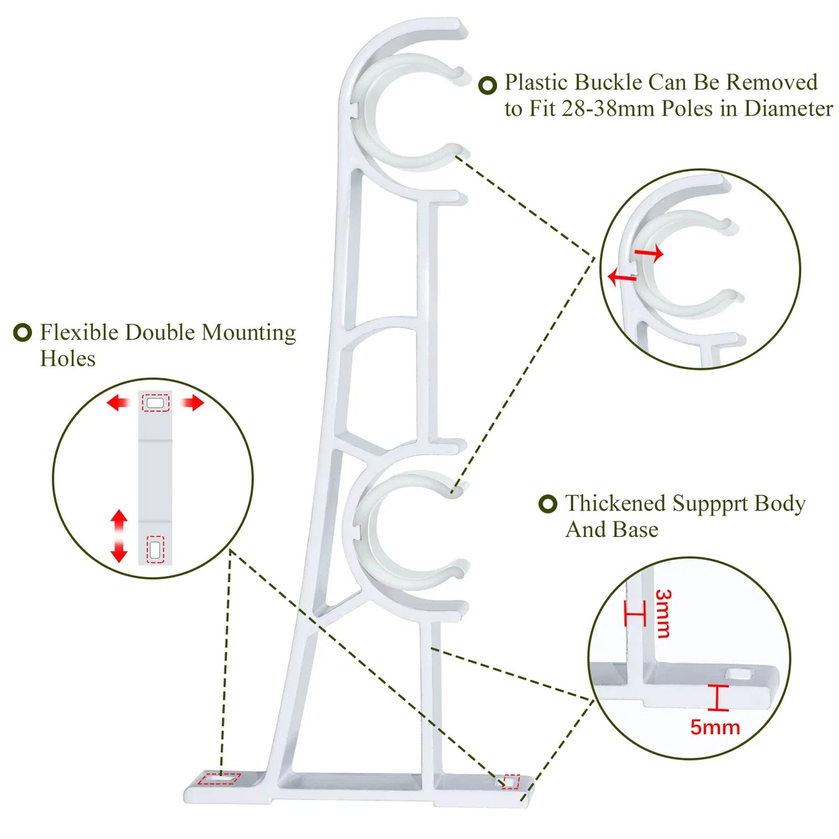 Supporti per aste per tende, confezione da 4 Staffe doppie per aste per tende da 28 mm, supporti per binari per tende resistenti, staffe bianche per aste per tende, ganci di supporto per bastoni per