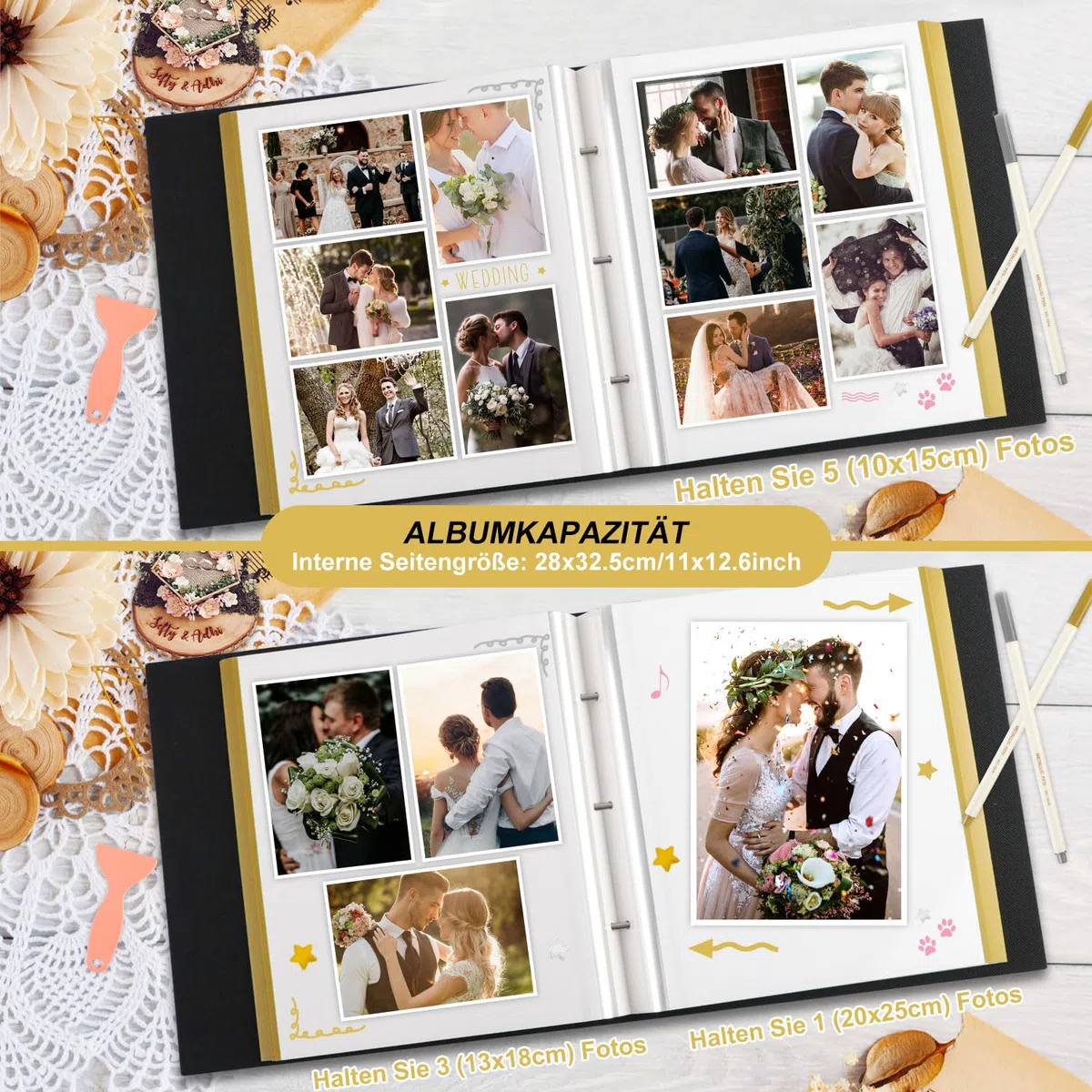 Lanpn Album fotografico autoadesivo per matrimonio, in lino, grandi pagine bianche, per matrimonio, fai da te, con penna, 10 x 15, 13 x 18 foto (grandi, 40 fogli/80 pagine, beige)