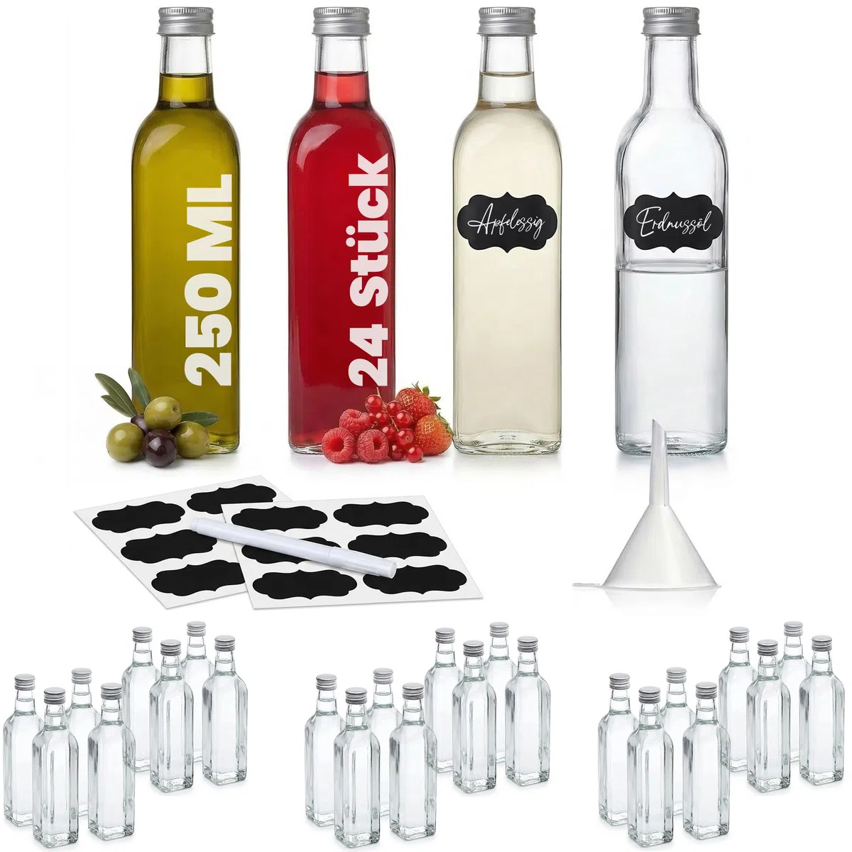 24 bottiglie vetro 250ml – bottigliette di vetro piccole 250 ml – bottiglia vetro 250 ml – per liquore sciroppi olio – tappo a vite – con etichette imbuto matita